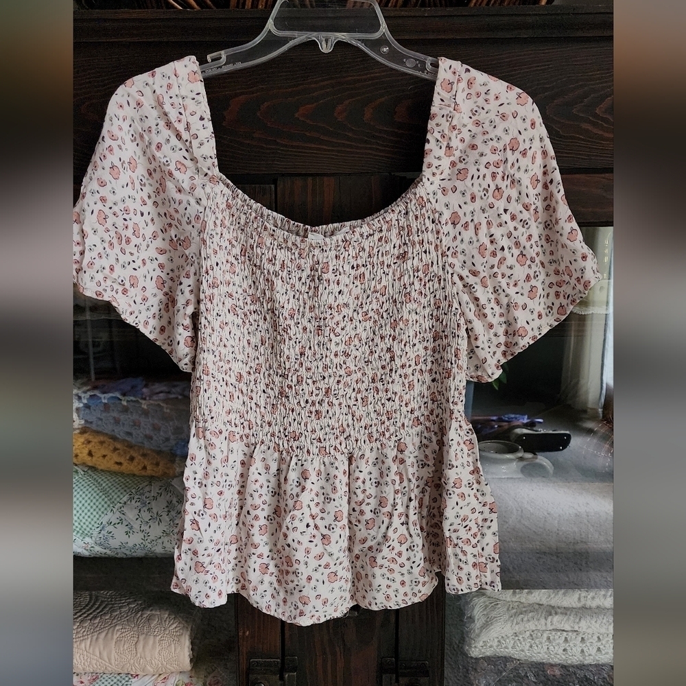 Floral Smocked Blouse - White and Pink